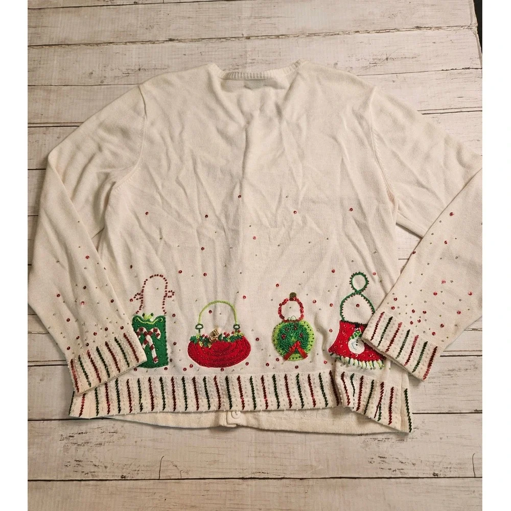 Berek Christmas Cardigan Sweater XL White Beaded Holiday Handbags Embroidery
